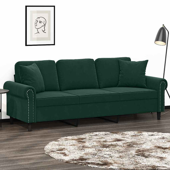 3-personers sofa med pyntepuder 180 cm velour mørkegrøn