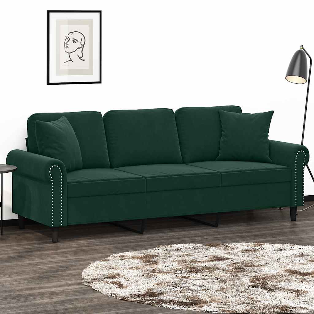 3-personers sofa med pyntepuder 180 cm velour mrkegrn