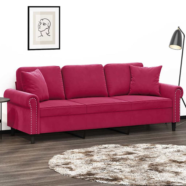 3-personers sofa med pyntepuder 180 cm velour vinrød