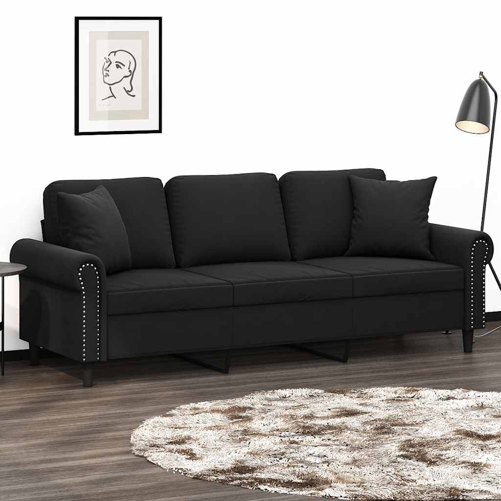 3-personers sofa i velour med pyntepuder - sort, sædebredde 180 cm