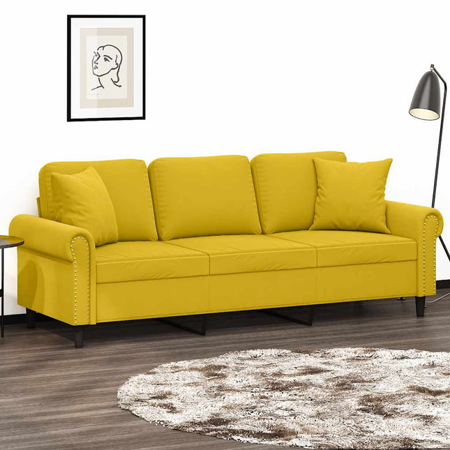 3-personers sofa med pyntepuder 180 cm velour gul