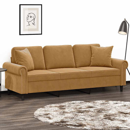3-personers sofa med pyntepuder 180 cm velour brun