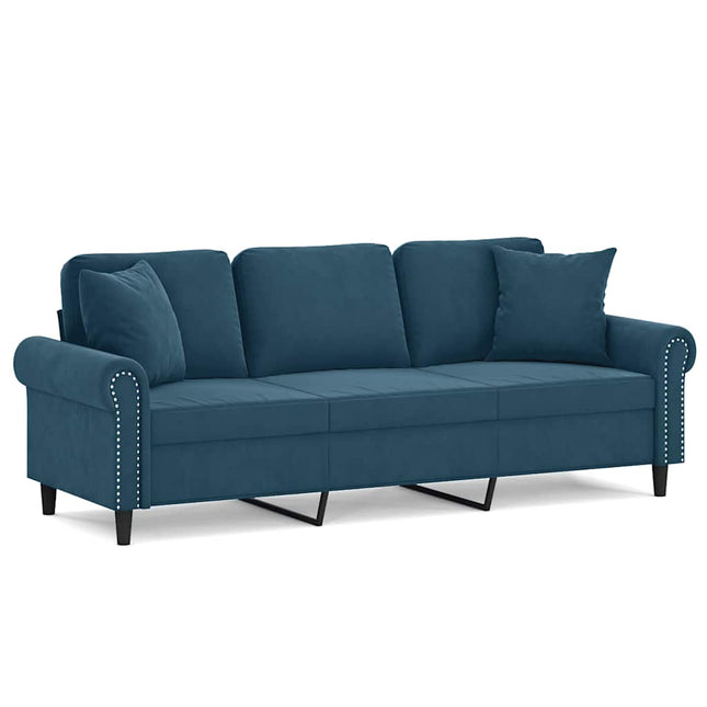 3-personers sofa med pyntepuder 180 cm velour blå