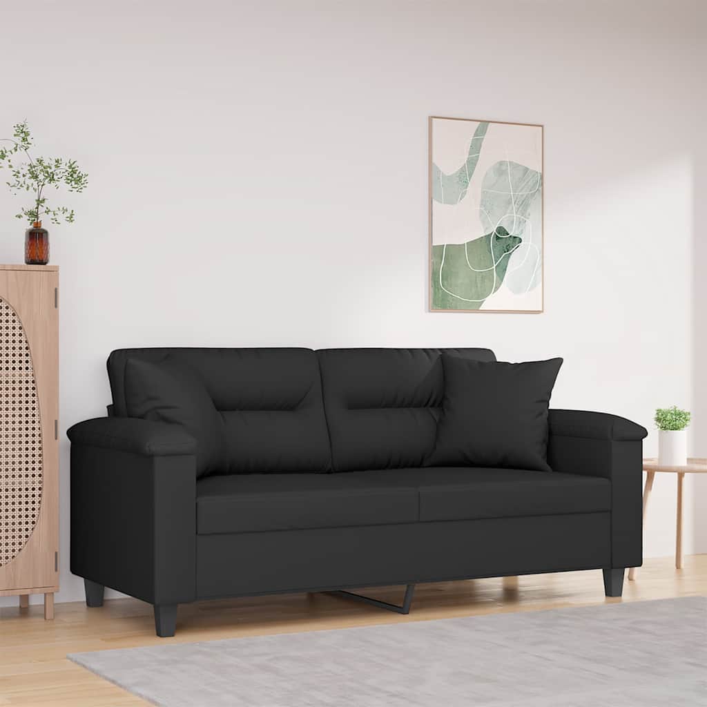 2-personers sofa med puder - mikrofiberstof, sort, 140 cm sædebredde