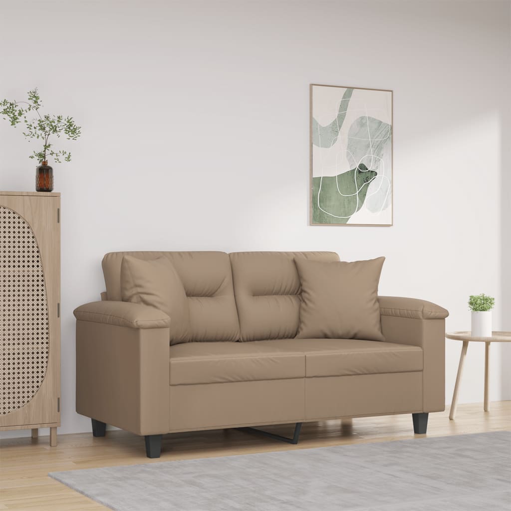 2-personers sofa med pyntepuder 120 cm kunstlæder cappuccino billede