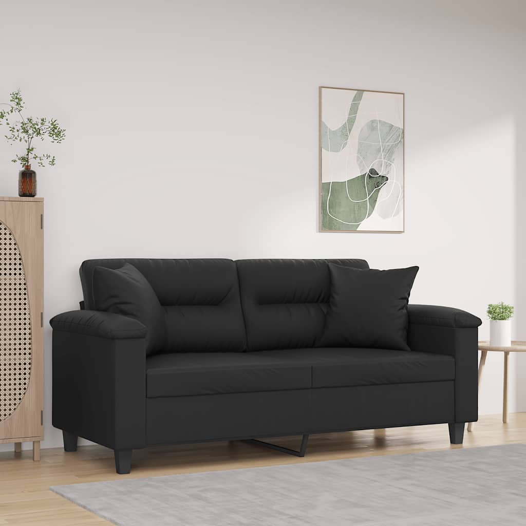 2-personers sofa i kunstlæder med pyntepuder - sort, sædebredde 140 cm