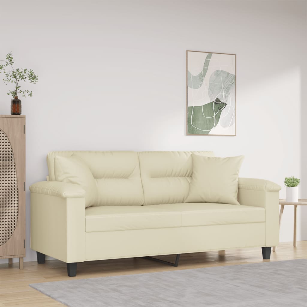 2-personers sofa med pyntepuder 140 cm kunstlæder cremefarvet billede