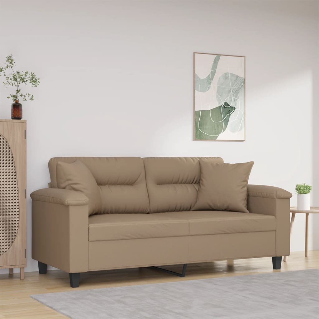 2-personers sofa i kunstlæder med pyntepuder, cappuccino - sædebredde 140 cm