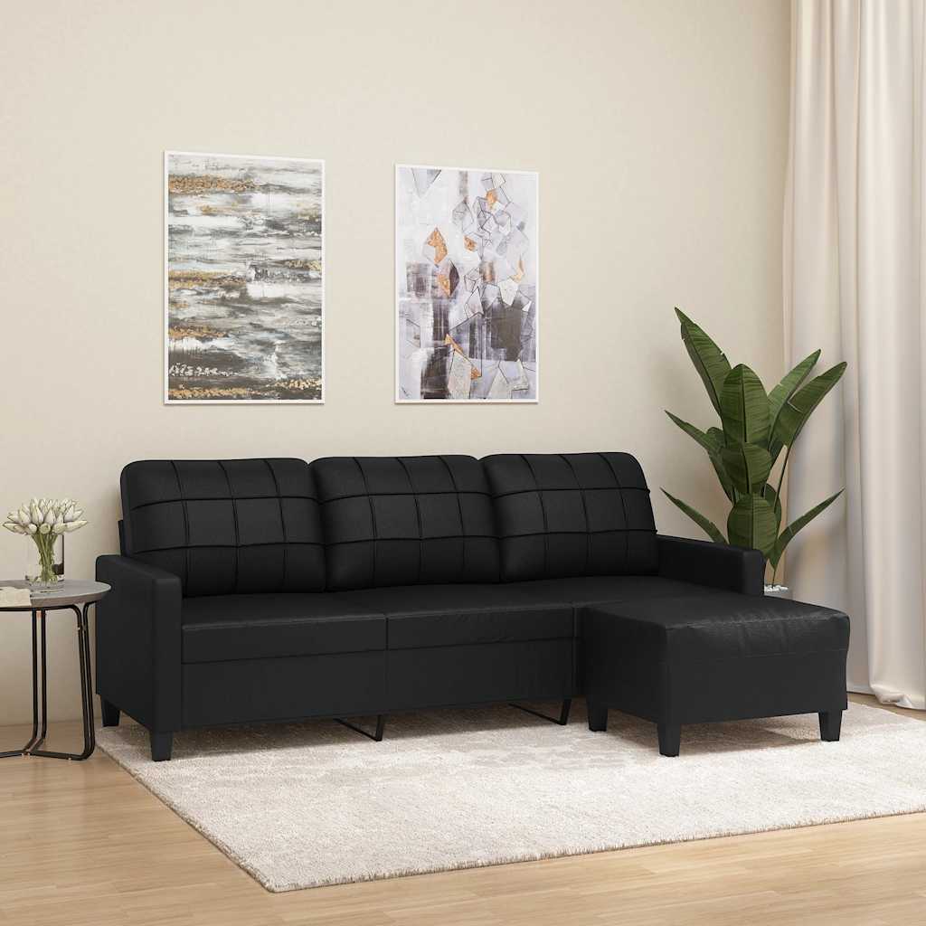 3-personers sofa med fodskammel 180 cm kunstlder sort