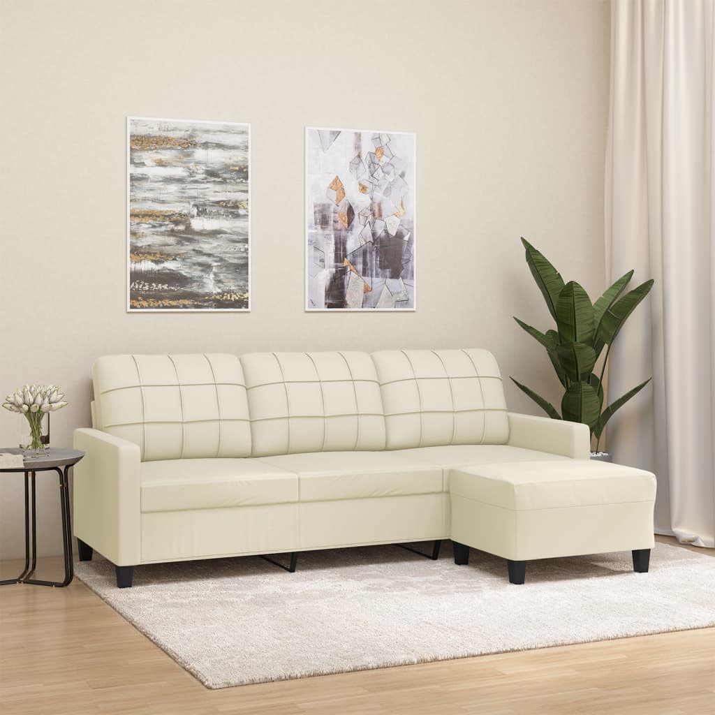 3-personers sofa med fodskammel 180 cm kunstlder cremefarvet