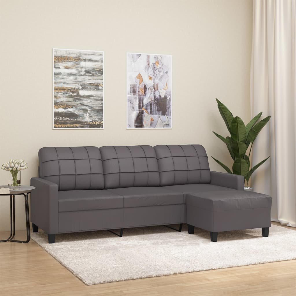 3-personers sofa med fodskammel 180 cm kunstlæder grå billede