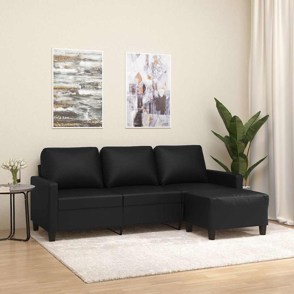 3-personers sofa med chaiselong/fodskammel 180 cm - kunstlæder, sort