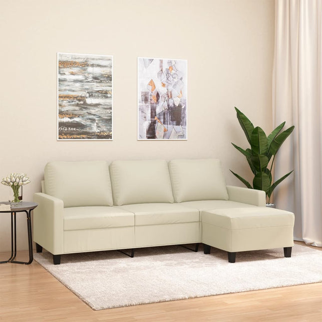 3-personers sofa med fodskammel 180 cm kunstlæder cremefarvet