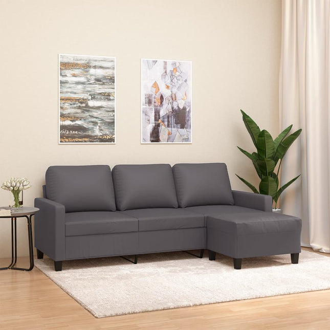 3-personers sofa med fodskammel 180 cm kunstlæder grå
