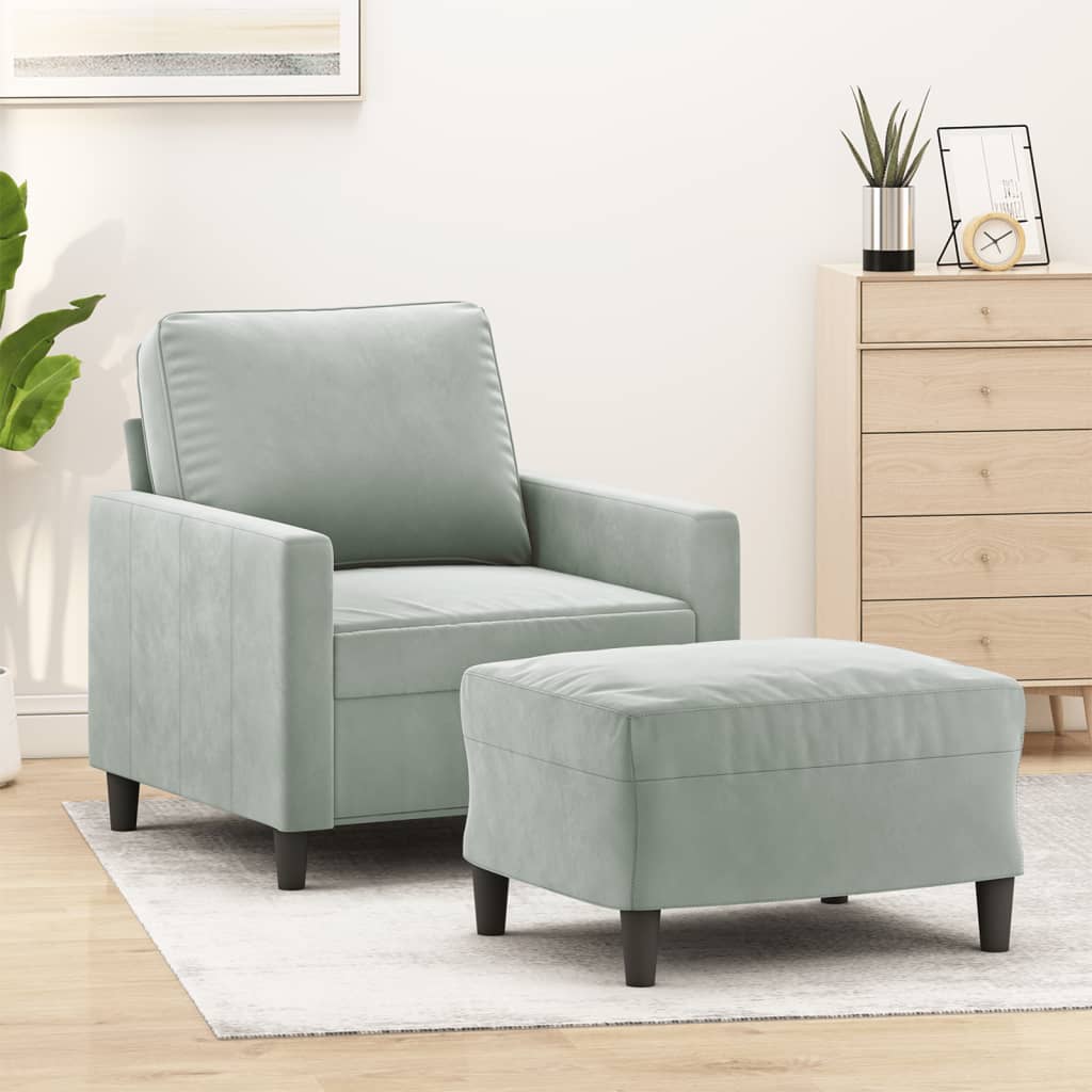 sofastol med fodskammel 60 cm velour lysegrå