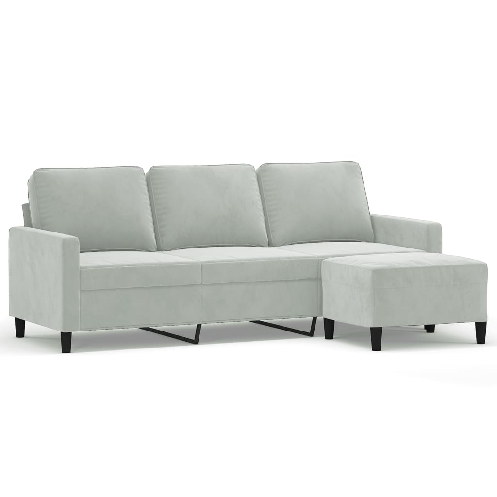 3-personers sofa med fodskammel 180 cm velour lysegrå