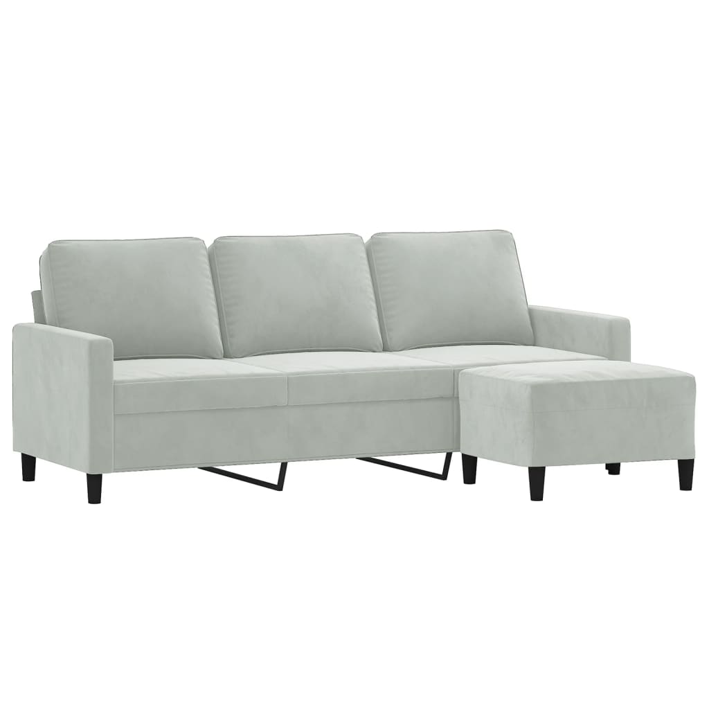 3-personers sofa med fodskammel 180 cm velour lysegrå