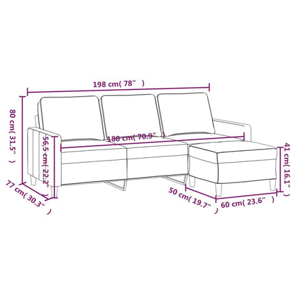 3-personers sofa med fodskammel 180 cm velour lysegrå