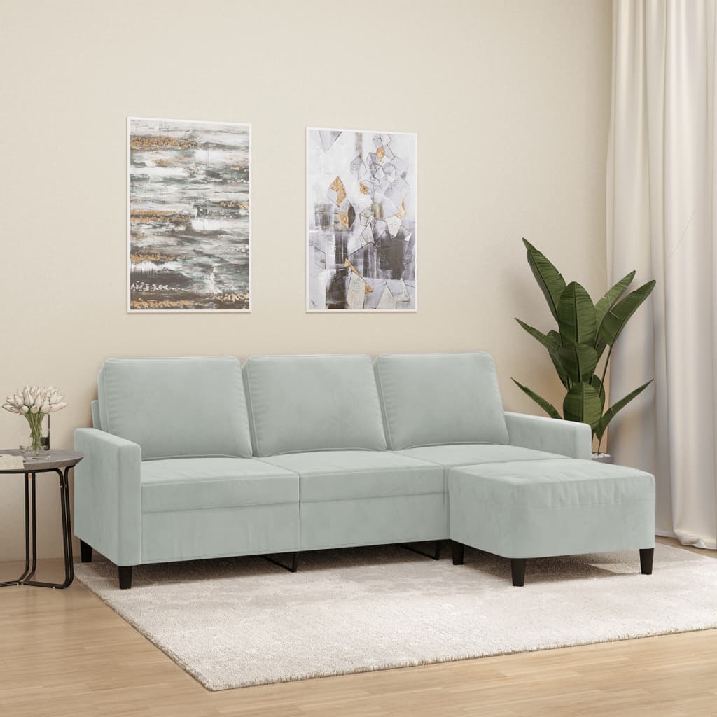 3-personers sofa med fodskammel 180 cm velour lysegrå