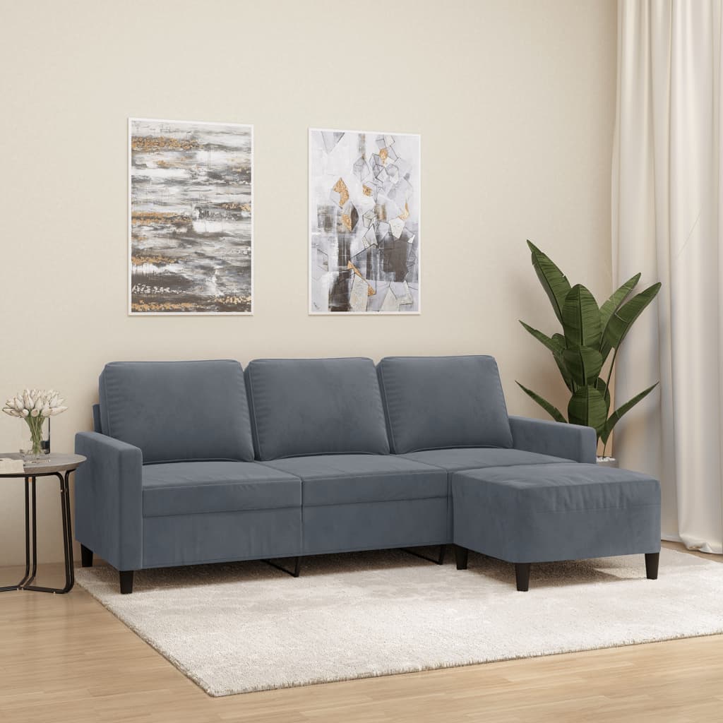 3-personers sofa med fodskammel 180 cm velour Mørkegrå