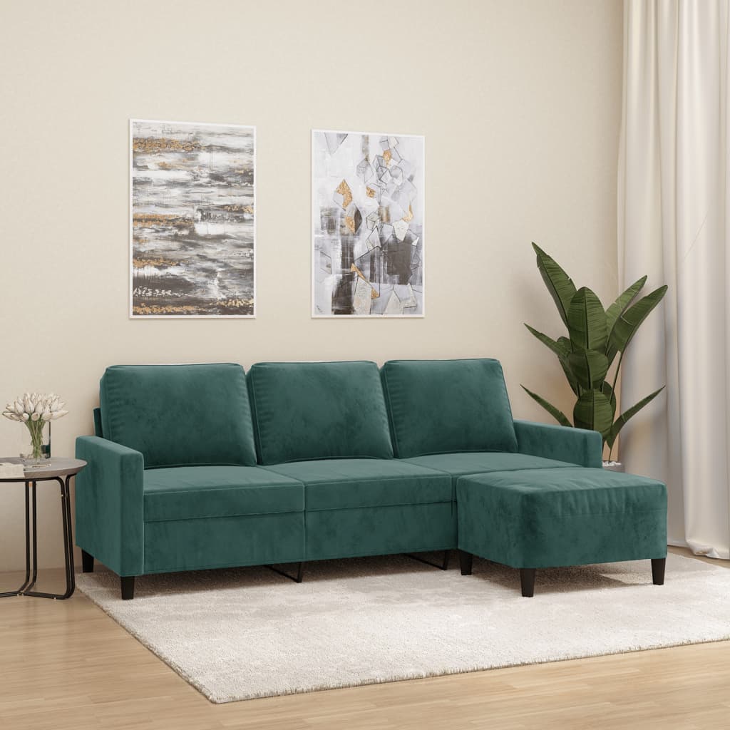 vidaXL 3-personers sofa med fodskammel 180 cm velour Mørkegrøn