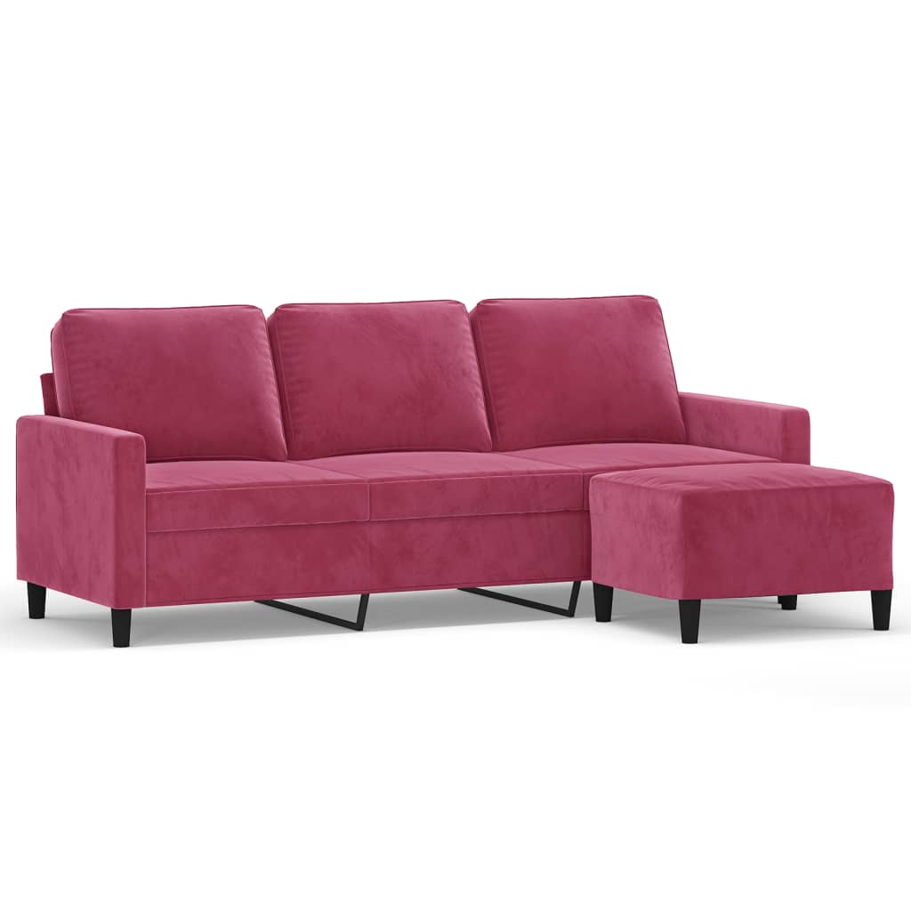 3-personers sofa med fodskammel 180 cm velour vinrød