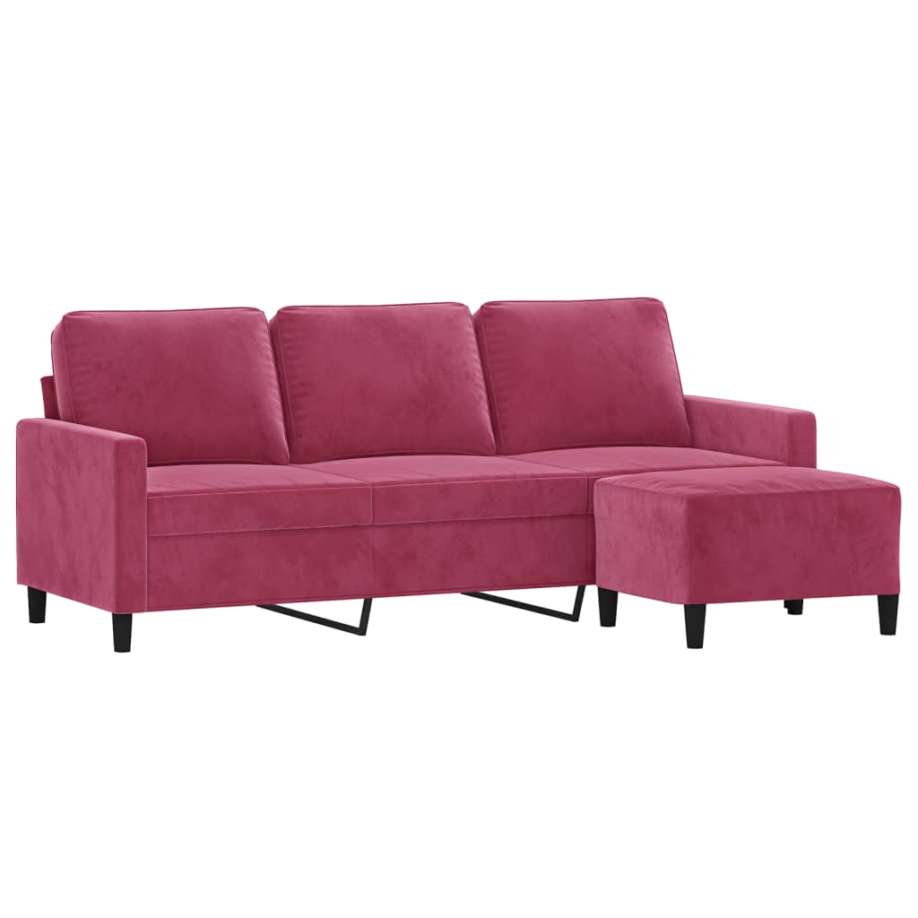 3-personers sofa med fodskammel 180 cm velour vinrød