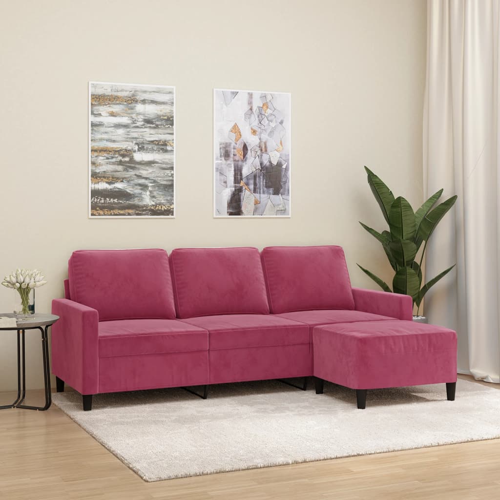 vidaXL 3-personers sofa med fodskammel 180 cm velour vinrød