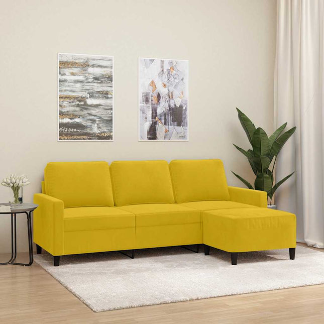 3-personers sofa med fodskammel 180 cm velour gul