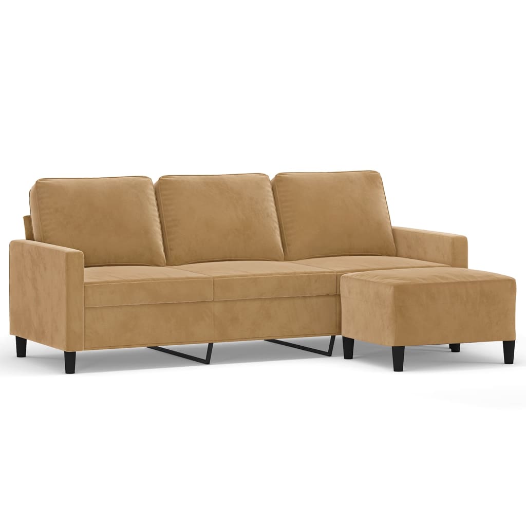 3-personers sofa med fodskammel 180 cm velour brun