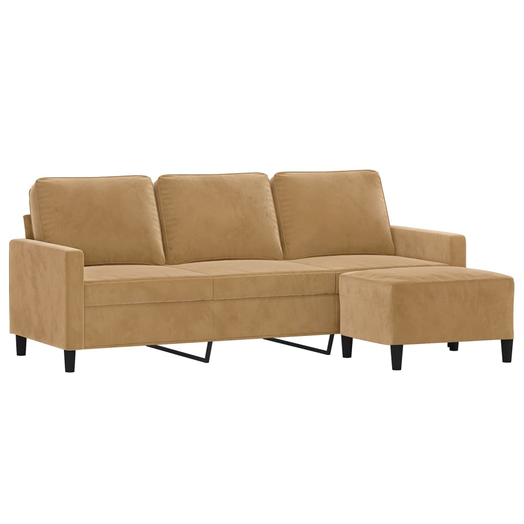 3-personers sofa med fodskammel 180 cm velour brun