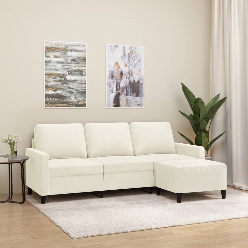 3-personers sofa med fodskammel 180 cm velour cremefarvet