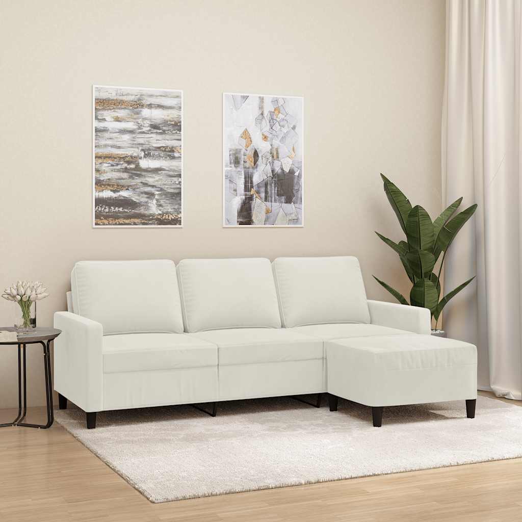 3-personers sofa med fodskammel - velour, cremefarvet, 180 cm sædebredde
