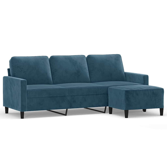 3-personers sofa med fodskammel 180 cm velour blå