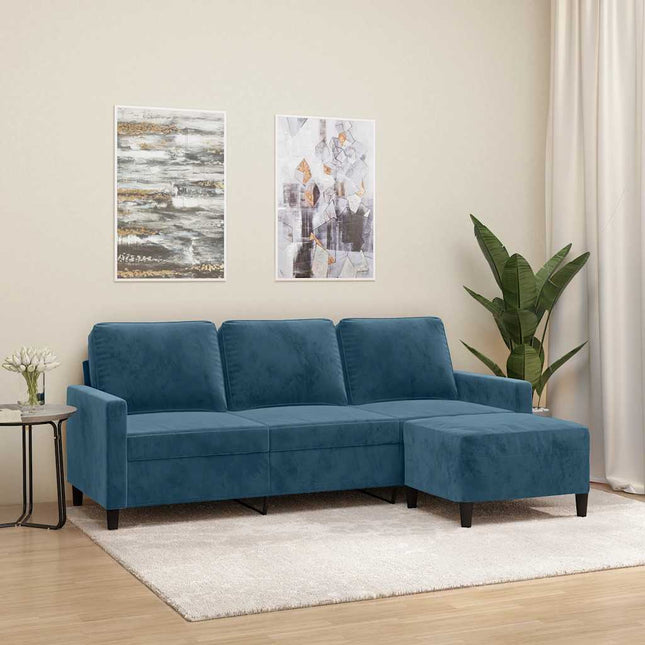 3-personers sofa med fodskammel 180 cm velour blå