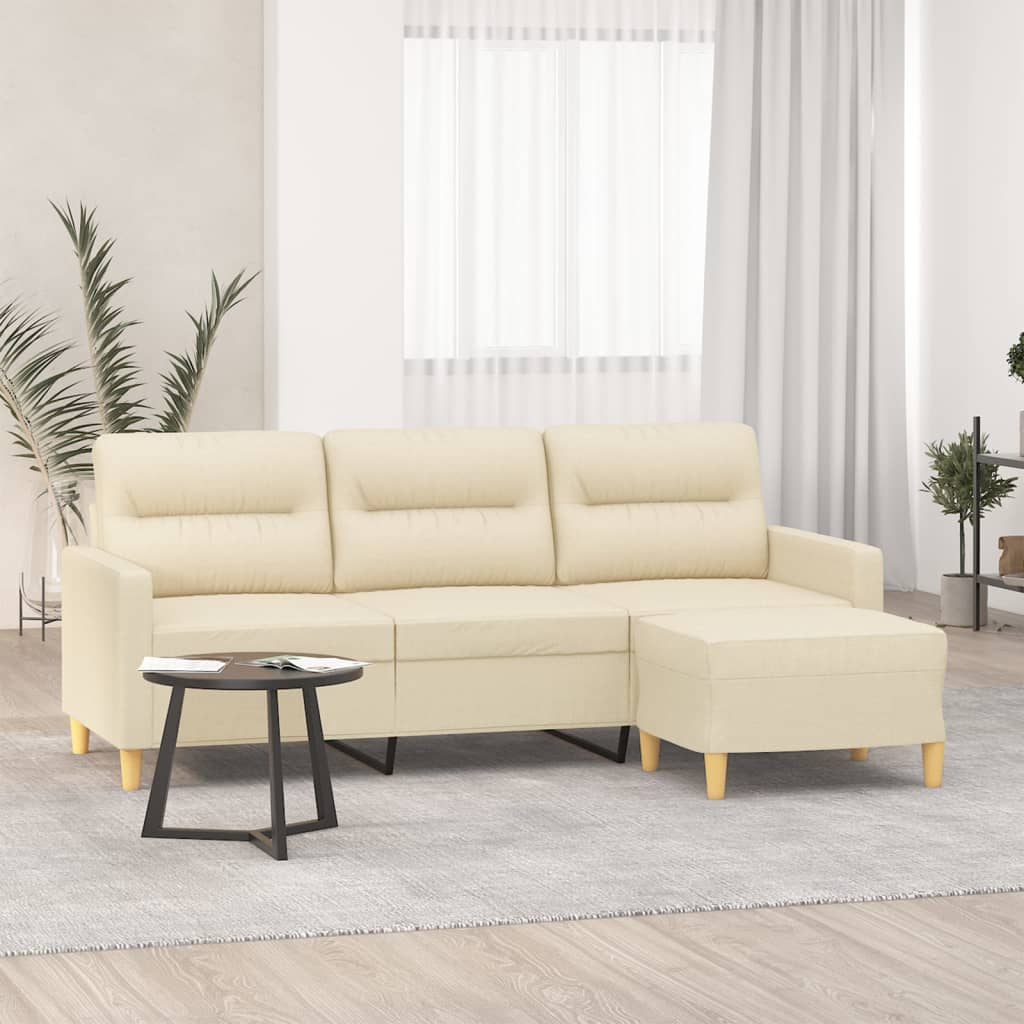 vidaXL 3-personers sofa med fodskammel 180 cm stof Cremefarvet