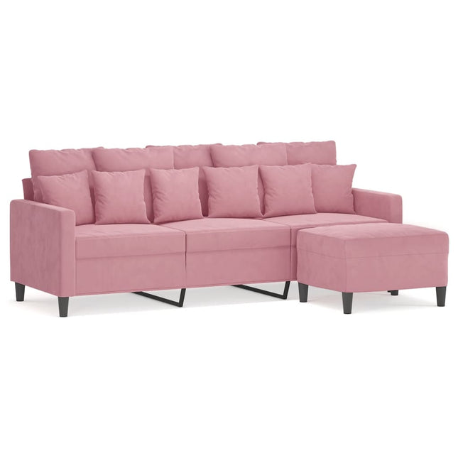 3-personers sofa med fodskammel 180 cm velour lyserød
