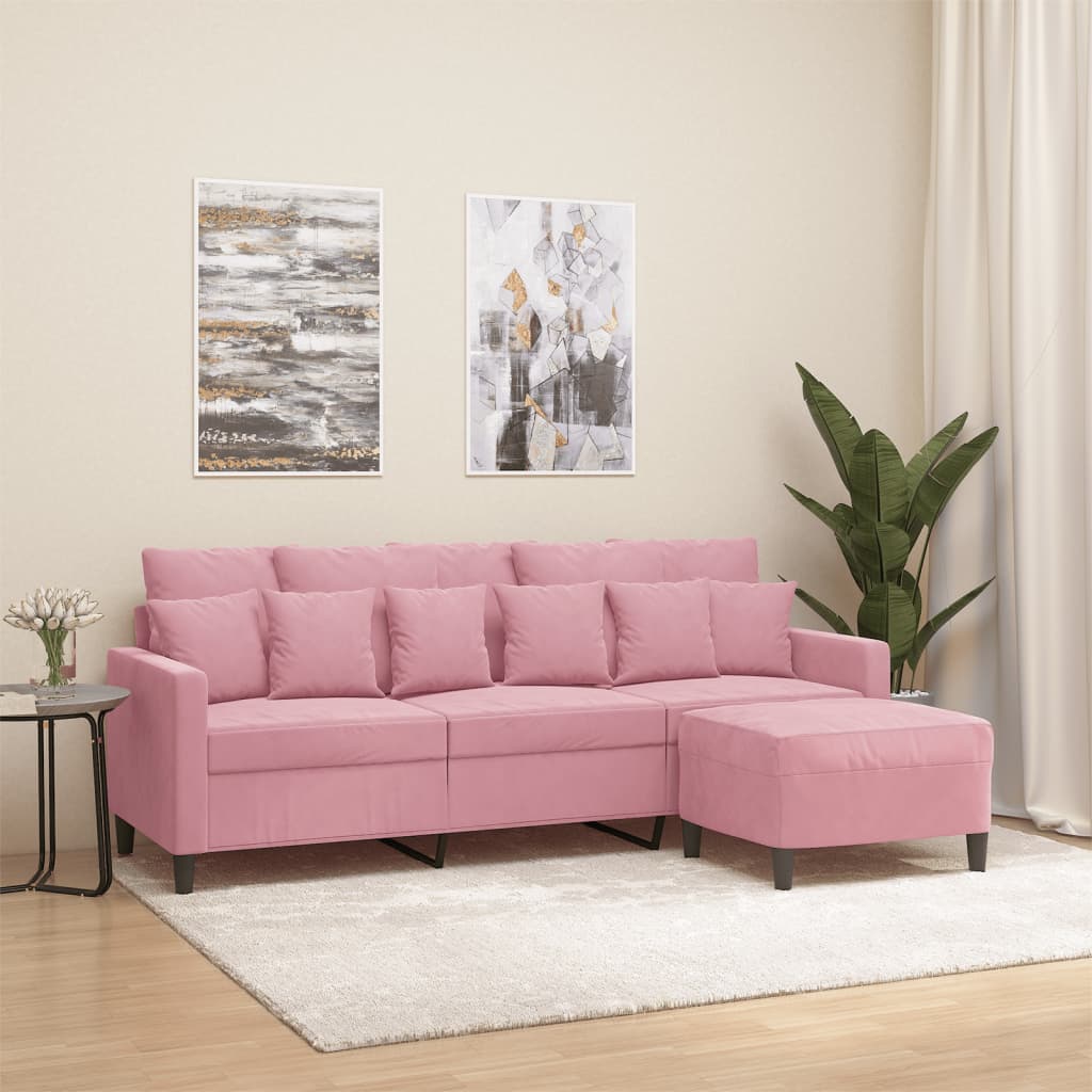 3-personers sofa med fodskammel - velour, lyserød, 180 cm sædebredde
