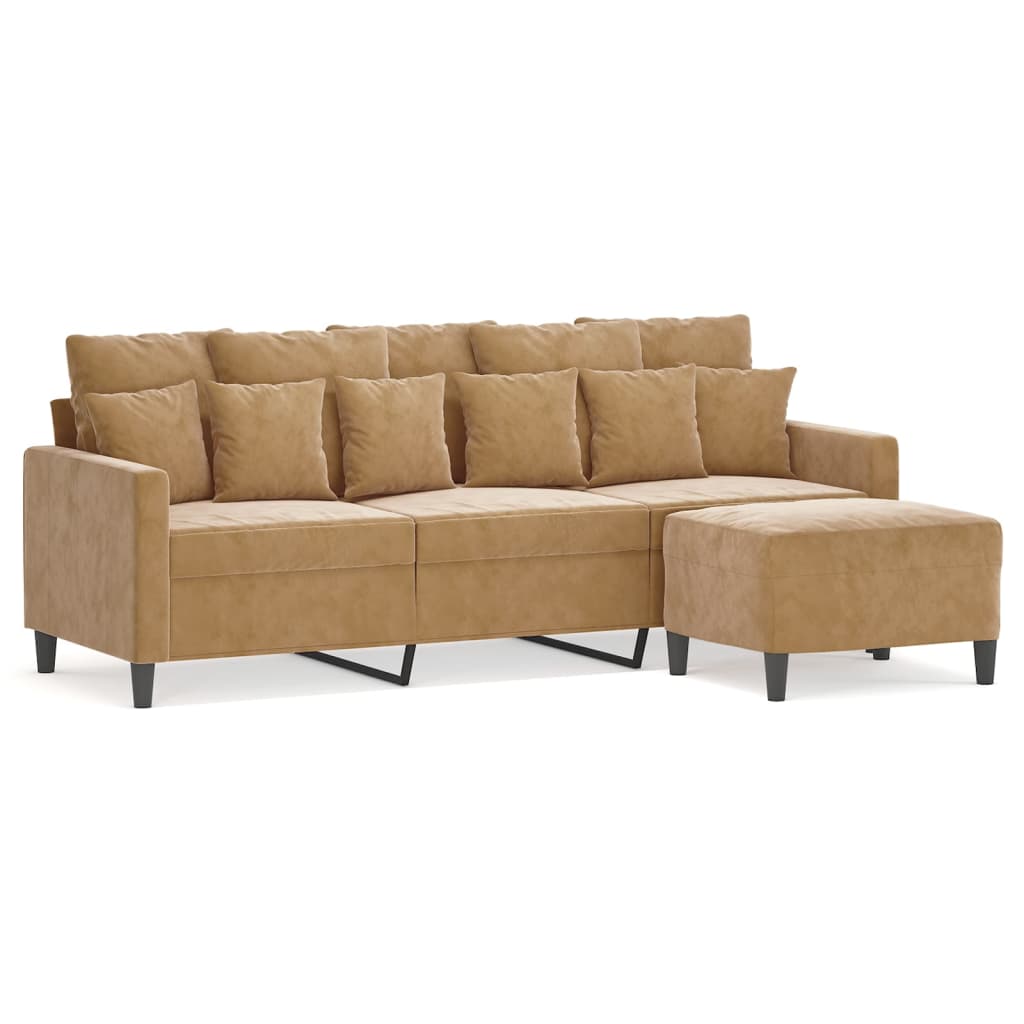 3-personers sofa med fodskammel 180 cm velour brun