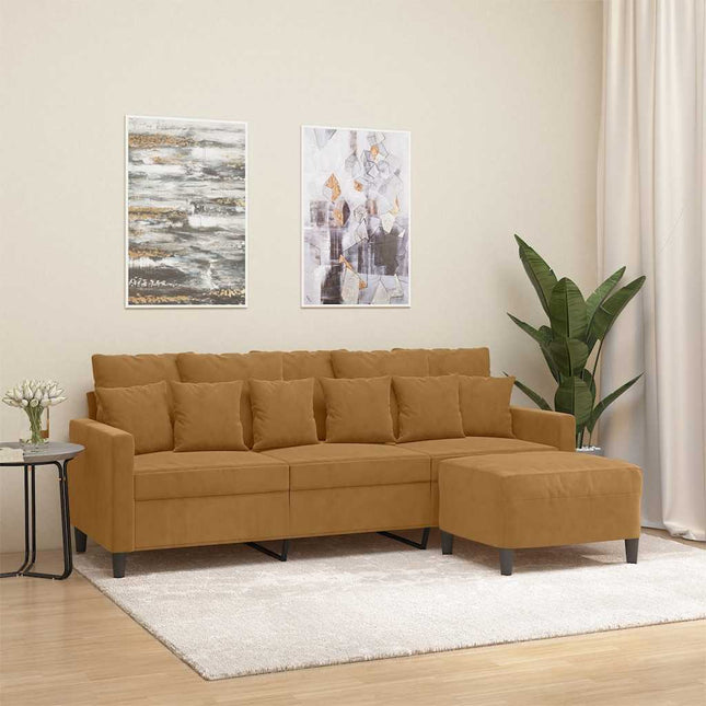 3-personers sofa med fodskammel 180 cm velour brun