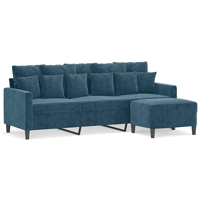 3-personers sofa med fodskammel 180 cm velour blå