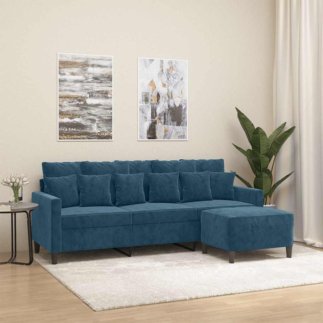3-personers sofa med fodskammel 180 cm velour blå