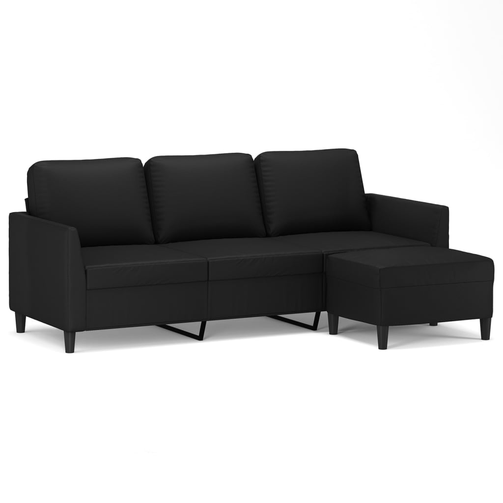 3-personers sofa med fodskammel 180 cm kunstlæder sort