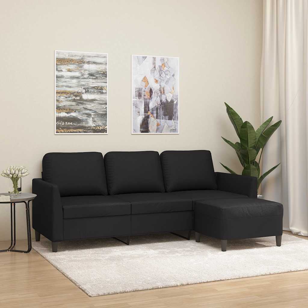 3-personers sofa med fodskammel 180 cm kunstlder sort