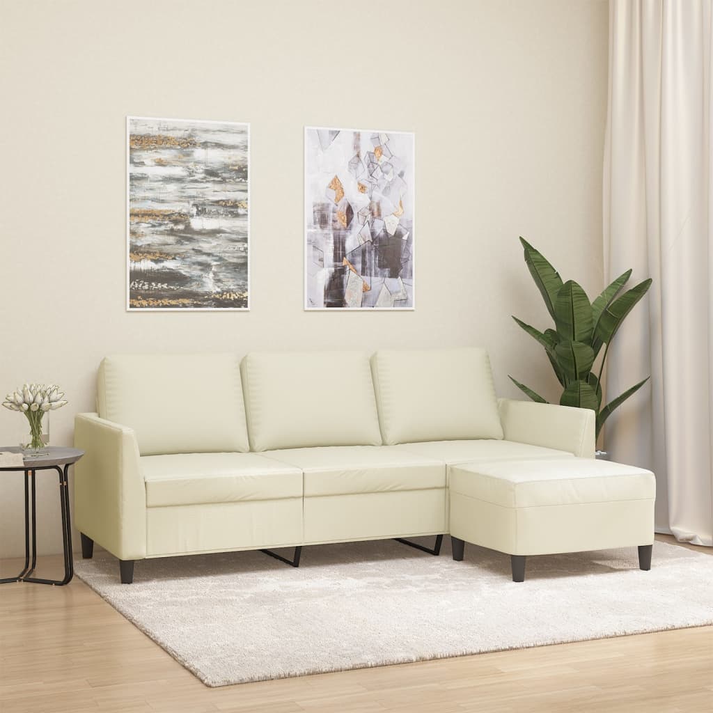 3-personers sofa med fodskammel 180 cm kunstlder cremefarvet