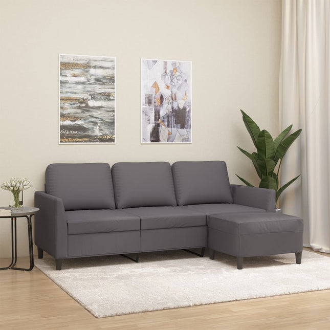 3-personers sofa med fodskammel 180 cm kunstlæder grå