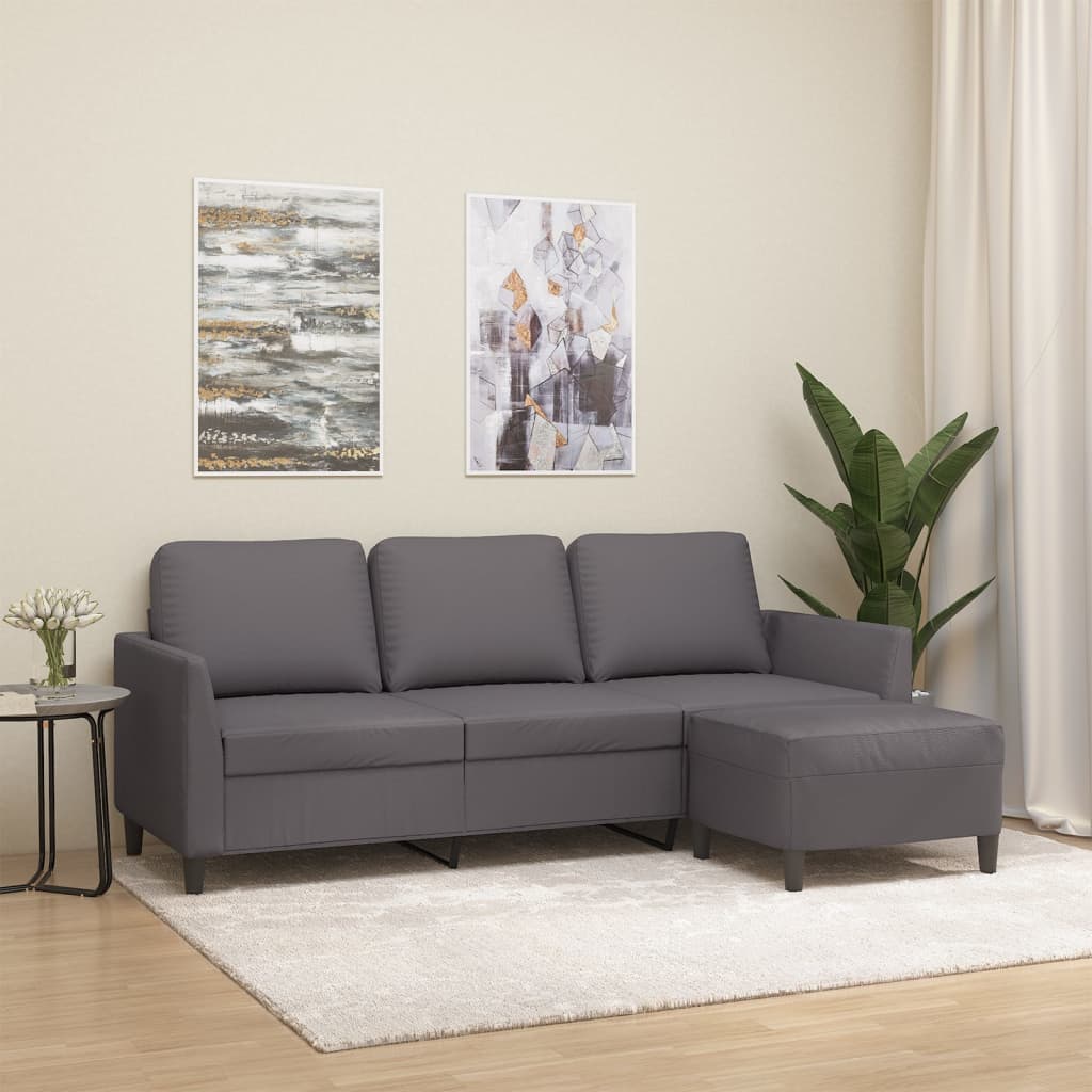 vidaXL 3-personers sofa med fodskammel 180 cm kunstlæder grå