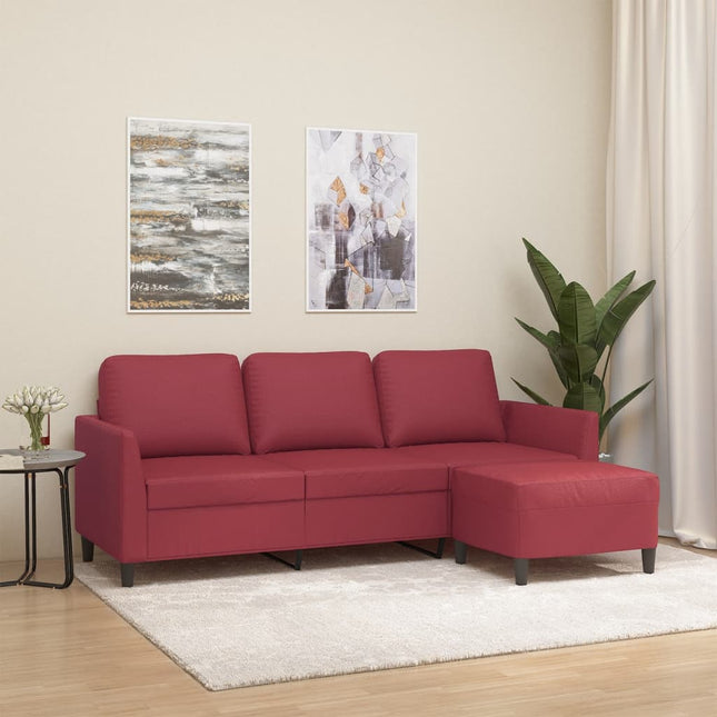 3-personers sofa med fodskammel 180 cm kunstlæder vinrød