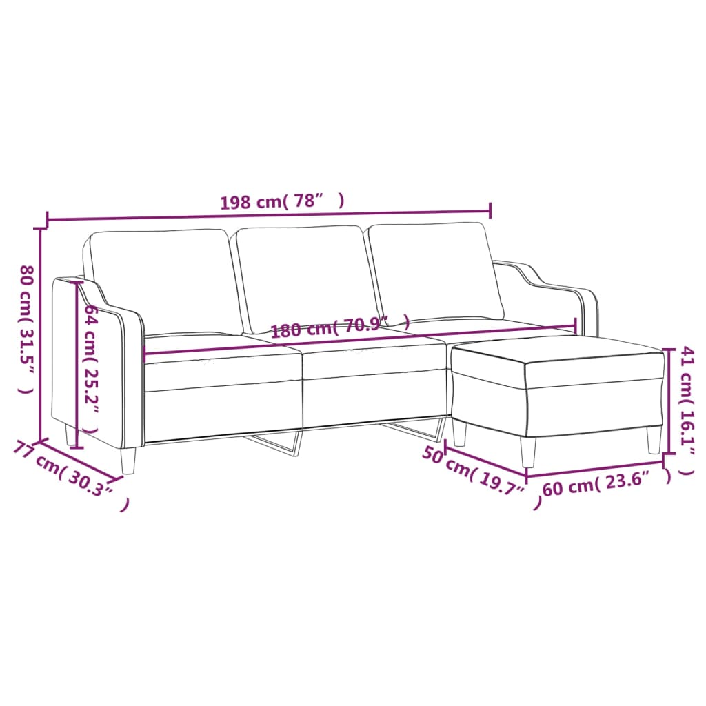 3-personers sofa med fodskammel 180 cm stof lysegul