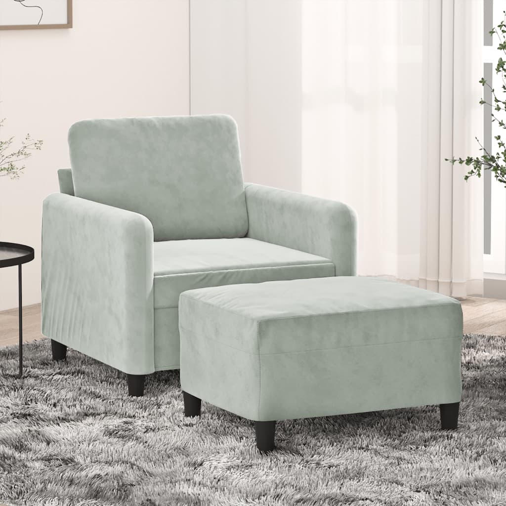 sofastol med fodskammel 60 cm velour lysegrå